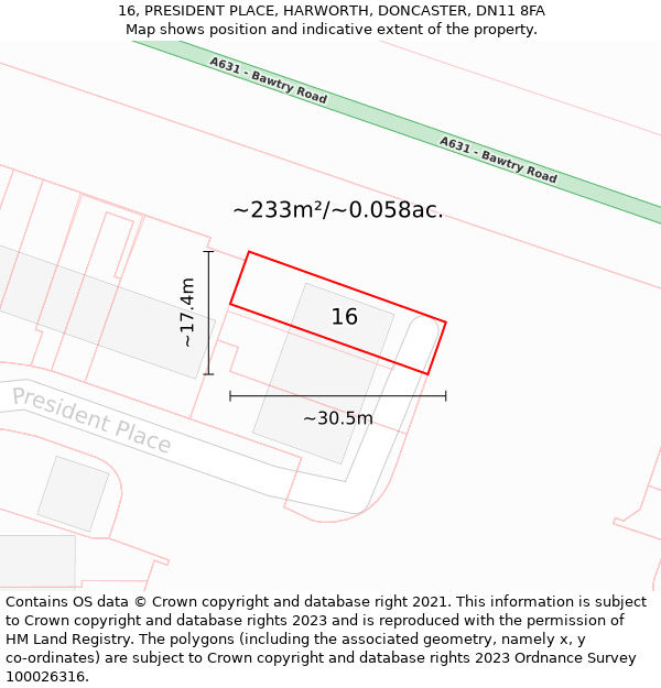 16, PRESIDENT PLACE, HARWORTH, DONCASTER, DN11 8FA: Plot and title map