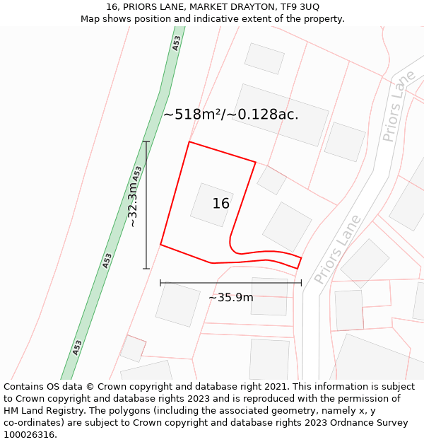 16, PRIORS LANE, MARKET DRAYTON, TF9 3UQ: Plot and title map