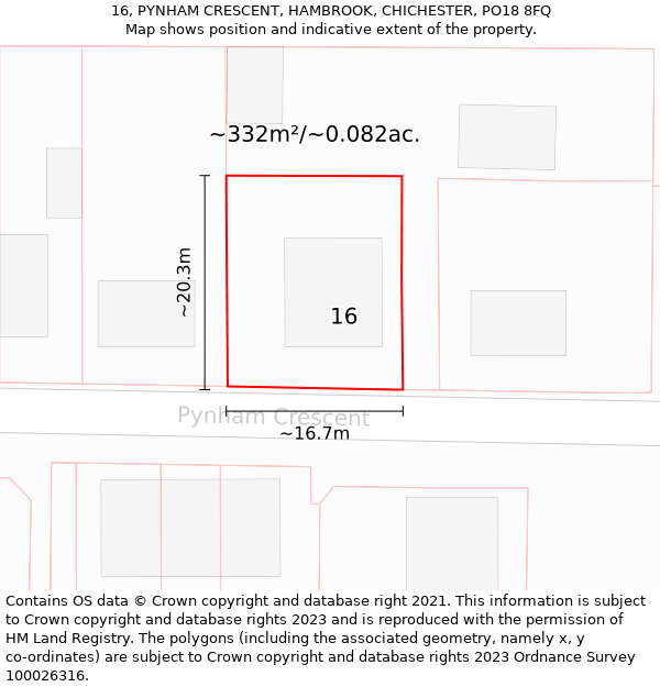 16, PYNHAM CRESCENT, HAMBROOK, CHICHESTER, PO18 8FQ: Plot and title map