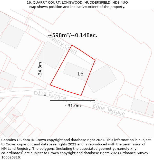 16, QUARRY COURT, LONGWOOD, HUDDERSFIELD, HD3 4UQ: Plot and title map