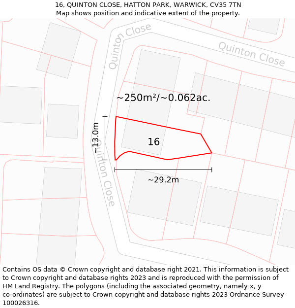 16, QUINTON CLOSE, HATTON PARK, WARWICK, CV35 7TN: Plot and title map