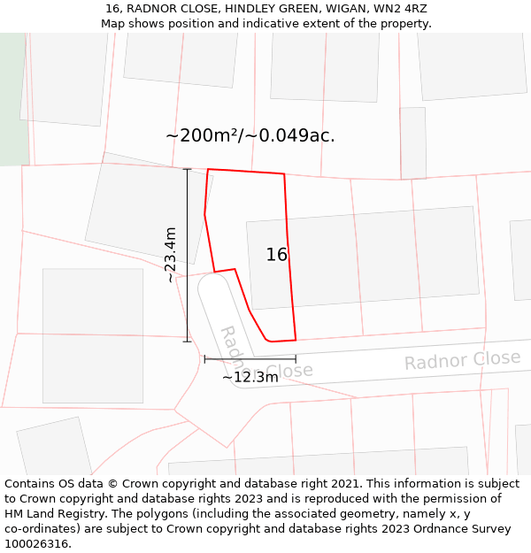 16, RADNOR CLOSE, HINDLEY GREEN, WIGAN, WN2 4RZ: Plot and title map