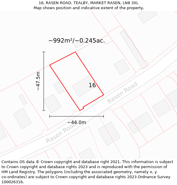 16, RASEN ROAD, TEALBY, MARKET RASEN, LN8 3XL: Plot and title map