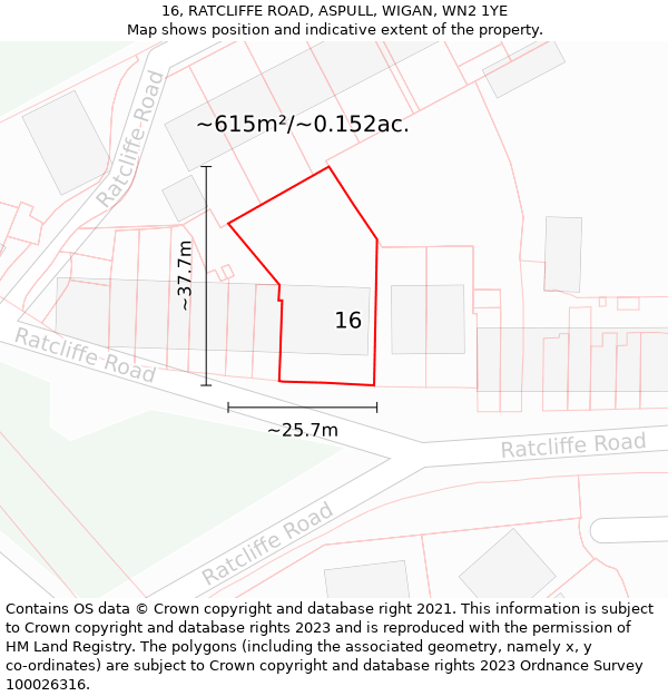 16, RATCLIFFE ROAD, ASPULL, WIGAN, WN2 1YE: Plot and title map