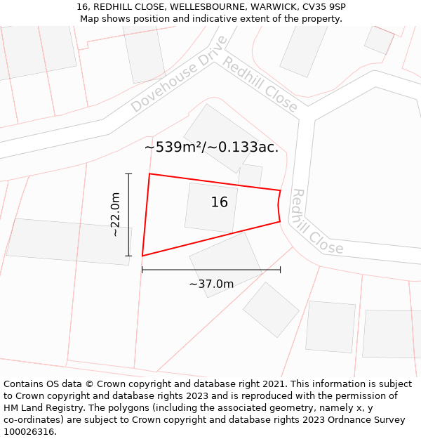 16, REDHILL CLOSE, WELLESBOURNE, WARWICK, CV35 9SP: Plot and title map