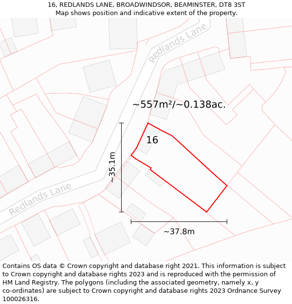 16, REDLANDS LANE, BROADWINDSOR, BEAMINSTER, DT8 3ST: Plot and title map