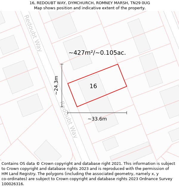 16, REDOUBT WAY, DYMCHURCH, ROMNEY MARSH, TN29 0UG: Plot and title map