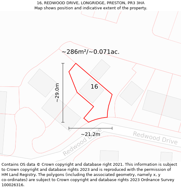 16, REDWOOD DRIVE, LONGRIDGE, PRESTON, PR3 3HA: Plot and title map