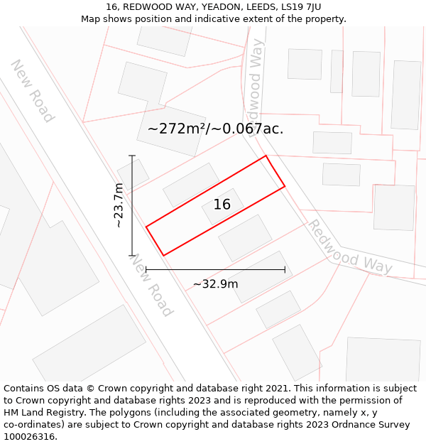 16, REDWOOD WAY, YEADON, LEEDS, LS19 7JU: Plot and title map