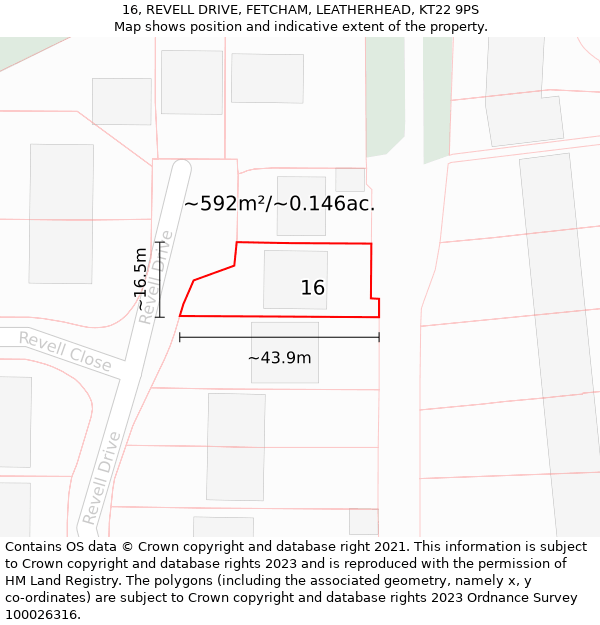 16, REVELL DRIVE, FETCHAM, LEATHERHEAD, KT22 9PS: Plot and title map