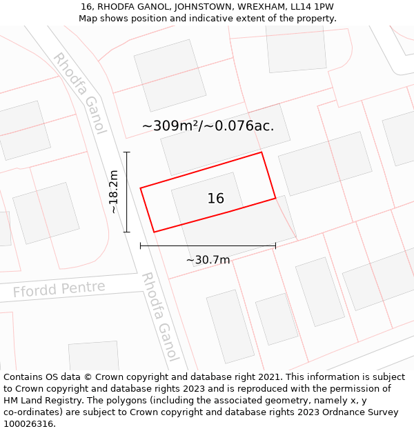 16, RHODFA GANOL, JOHNSTOWN, WREXHAM, LL14 1PW: Plot and title map