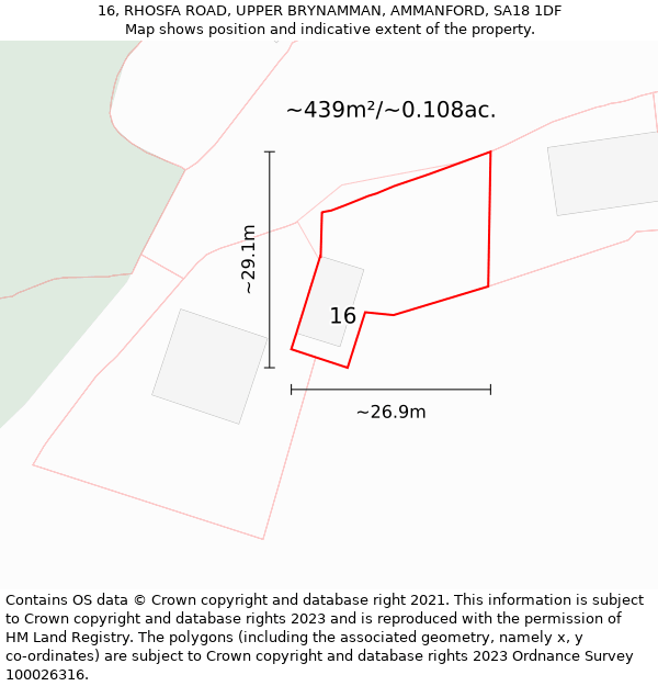 16, RHOSFA ROAD, UPPER BRYNAMMAN, AMMANFORD, SA18 1DF: Plot and title map