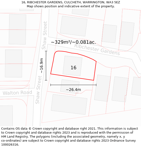 16, RIBCHESTER GARDENS, CULCHETH, WARRINGTON, WA3 5EZ: Plot and title map