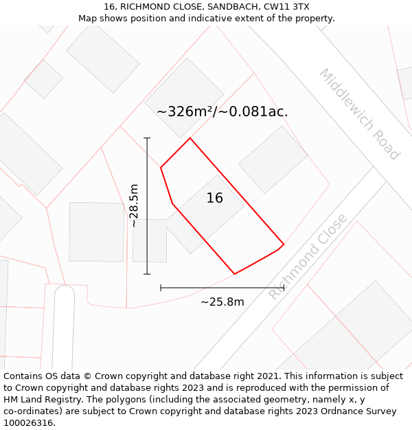 16, RICHMOND CLOSE, SANDBACH, CW11 3TX: Plot and title map