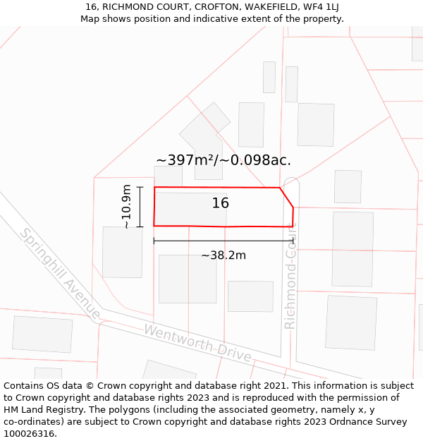 16, RICHMOND COURT, CROFTON, WAKEFIELD, WF4 1LJ: Plot and title map