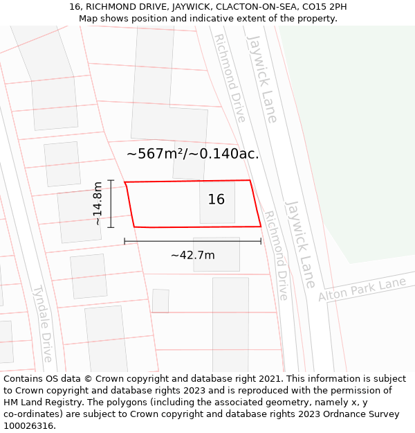 16, RICHMOND DRIVE, JAYWICK, CLACTON-ON-SEA, CO15 2PH: Plot and title map