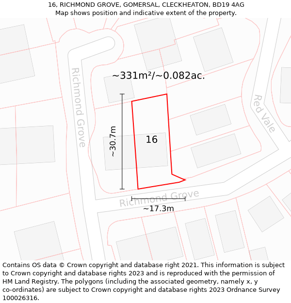 16, RICHMOND GROVE, GOMERSAL, CLECKHEATON, BD19 4AG: Plot and title map