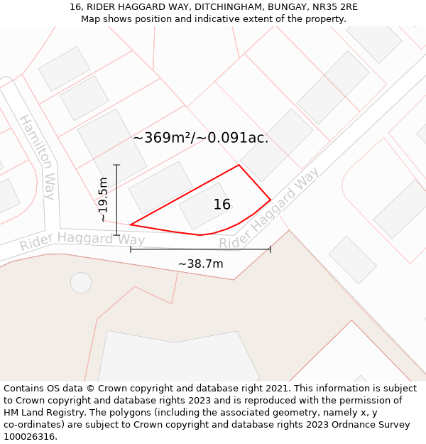 16, RIDER HAGGARD WAY, DITCHINGHAM, BUNGAY, NR35 2RE: Plot and title map