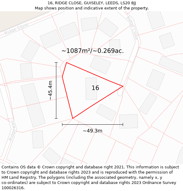 16, RIDGE CLOSE, GUISELEY, LEEDS, LS20 8JJ: Plot and title map