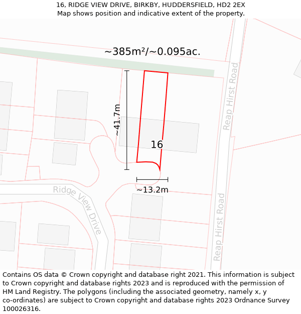 16, RIDGE VIEW DRIVE, BIRKBY, HUDDERSFIELD, HD2 2EX: Plot and title map