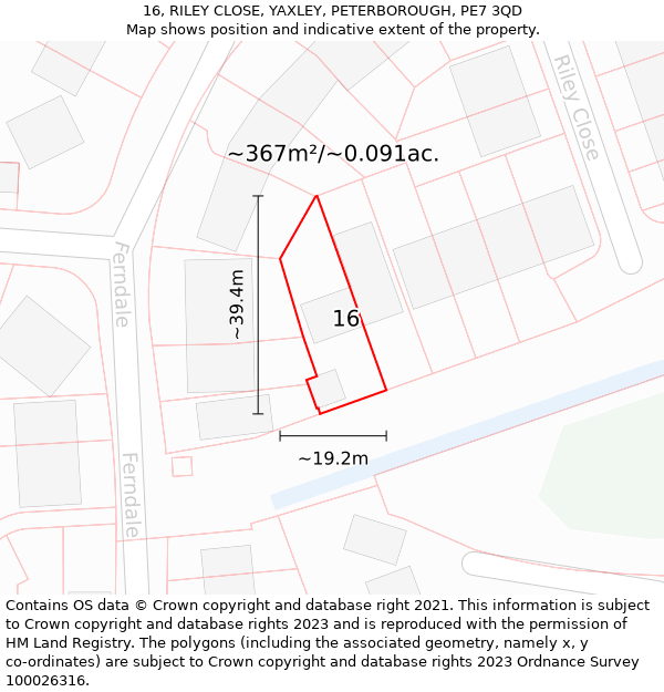 16, RILEY CLOSE, YAXLEY, PETERBOROUGH, PE7 3QD: Plot and title map