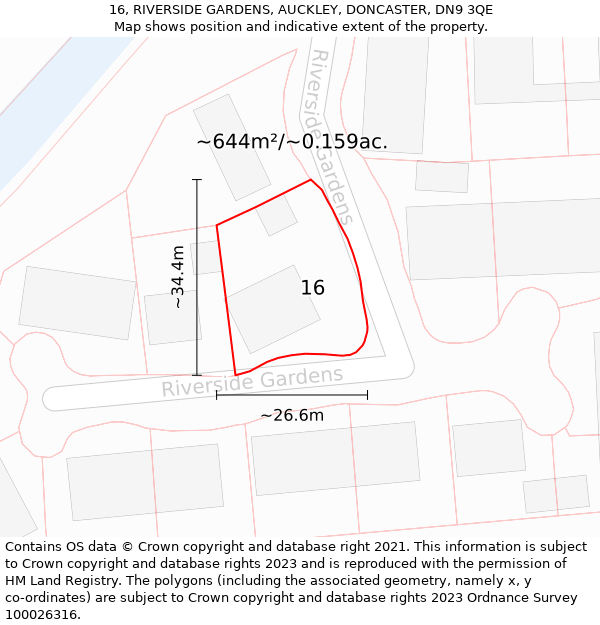 16, RIVERSIDE GARDENS, AUCKLEY, DONCASTER, DN9 3QE: Plot and title map