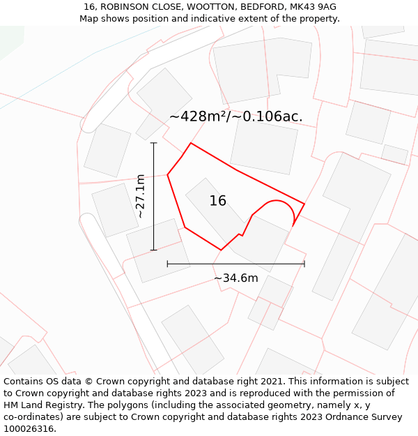 16, ROBINSON CLOSE, WOOTTON, BEDFORD, MK43 9AG: Plot and title map