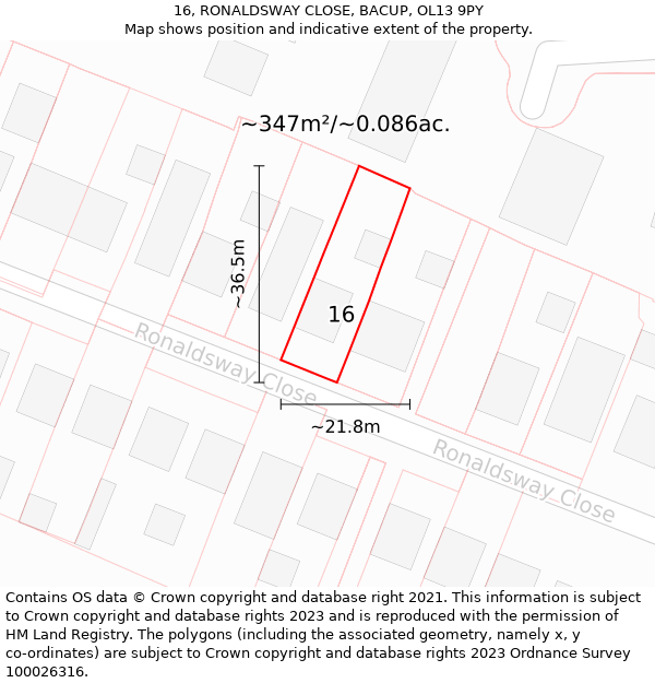 16, RONALDSWAY CLOSE, BACUP, OL13 9PY: Plot and title map