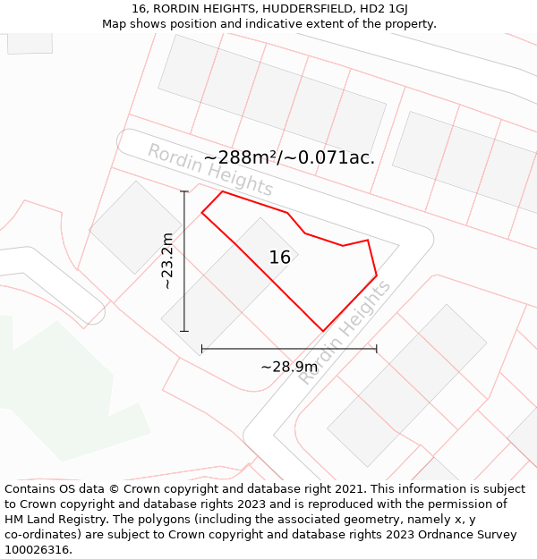 16, RORDIN HEIGHTS, HUDDERSFIELD, HD2 1GJ: Plot and title map