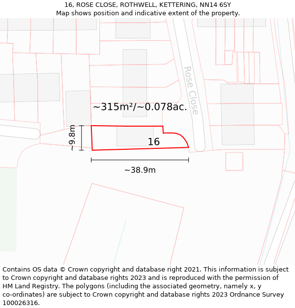 16, ROSE CLOSE, ROTHWELL, KETTERING, NN14 6SY: Plot and title map