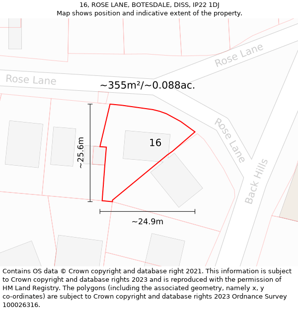 16, ROSE LANE, BOTESDALE, DISS, IP22 1DJ: Plot and title map