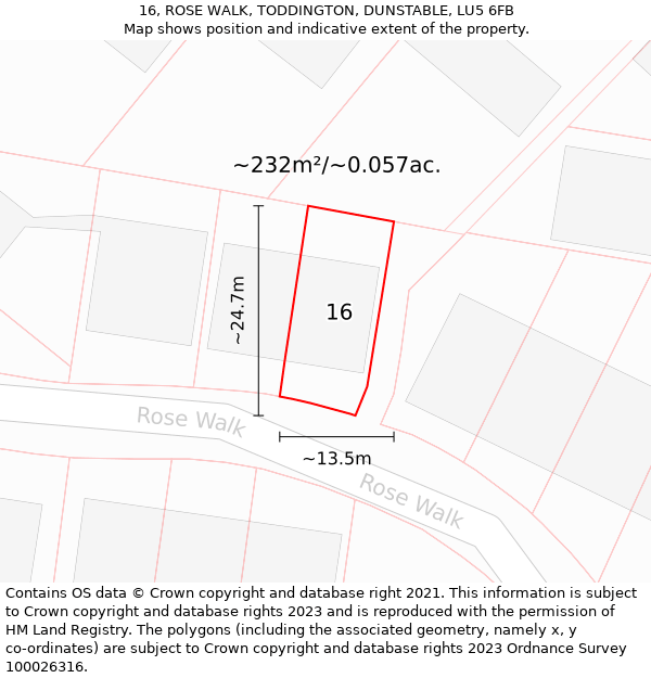 16, ROSE WALK, TODDINGTON, DUNSTABLE, LU5 6FB: Plot and title map