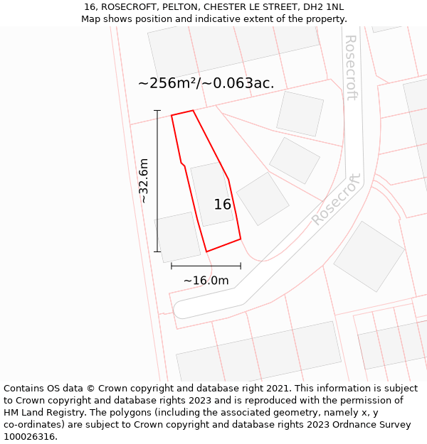 16, ROSECROFT, PELTON, CHESTER LE STREET, DH2 1NL: Plot and title map