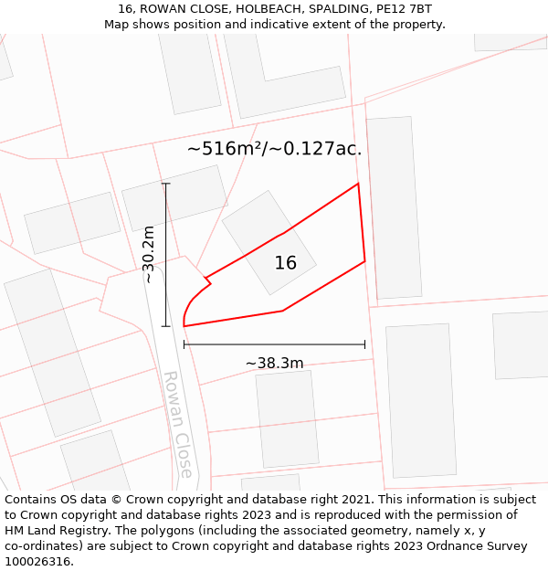 16, ROWAN CLOSE, HOLBEACH, SPALDING, PE12 7BT: Plot and title map