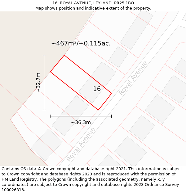 16, ROYAL AVENUE, LEYLAND, PR25 1BQ: Plot and title map