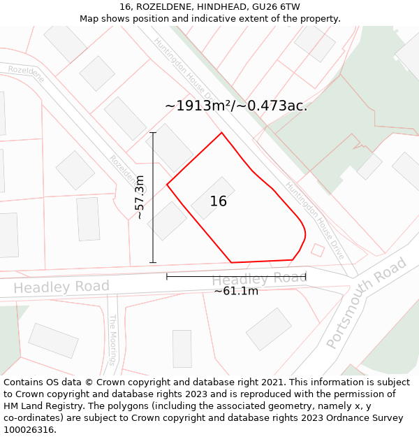 16, ROZELDENE, HINDHEAD, GU26 6TW: Plot and title map