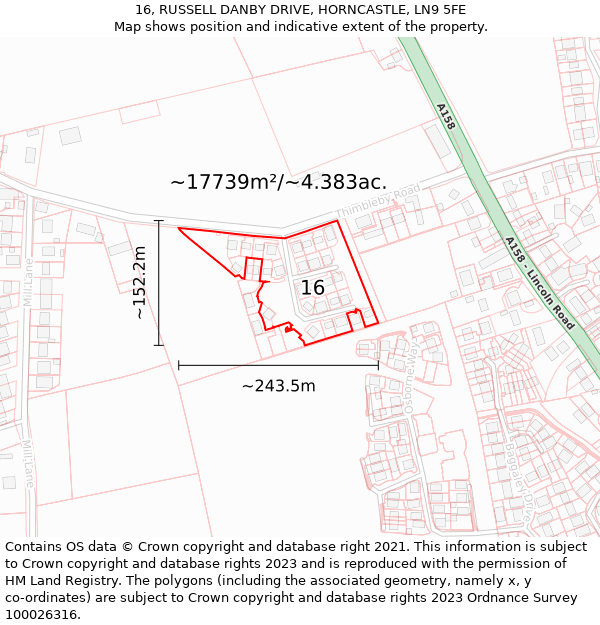 16, RUSSELL DANBY DRIVE, HORNCASTLE, LN9 5FE: Plot and title map