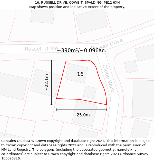 16, RUSSELL DRIVE, COWBIT, SPALDING, PE12 6XH: Plot and title map