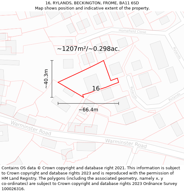 16, RYLANDS, BECKINGTON, FROME, BA11 6SD: Plot and title map