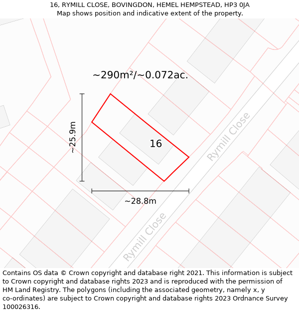 16, RYMILL CLOSE, BOVINGDON, HEMEL HEMPSTEAD, HP3 0JA: Plot and title map