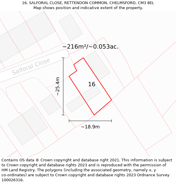 16, SALFORAL CLOSE, RETTENDON COMMON, CHELMSFORD, CM3 8EL: Plot and title map