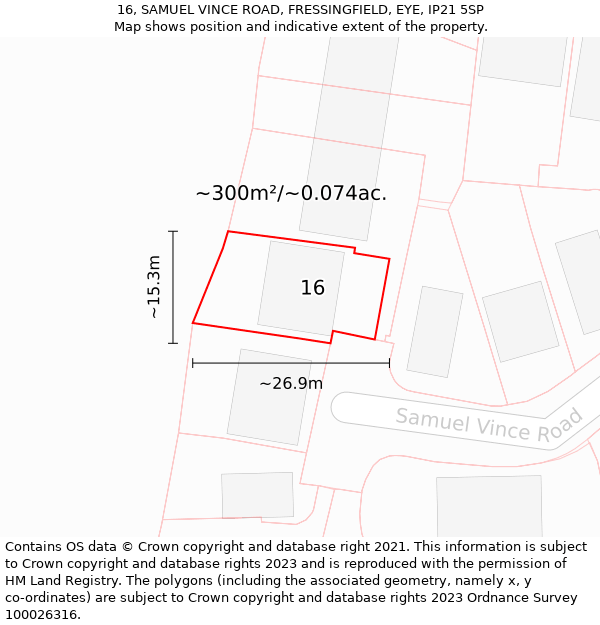 16, SAMUEL VINCE ROAD, FRESSINGFIELD, EYE, IP21 5SP: Plot and title map