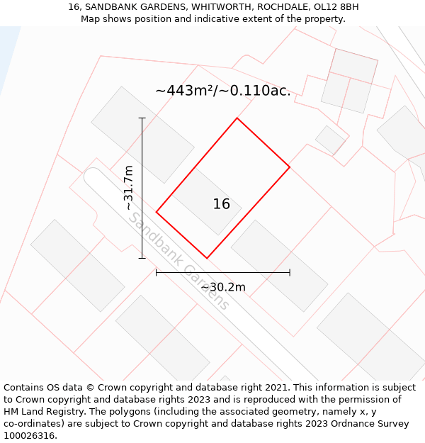 16, SANDBANK GARDENS, WHITWORTH, ROCHDALE, OL12 8BH: Plot and title map