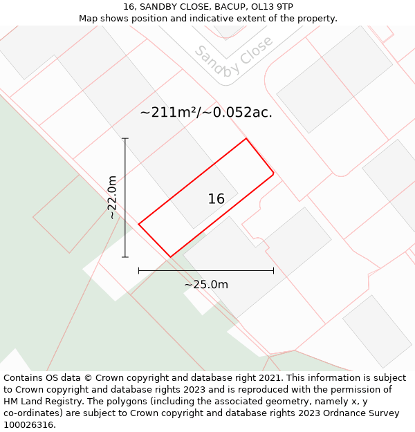 16, SANDBY CLOSE, BACUP, OL13 9TP: Plot and title map