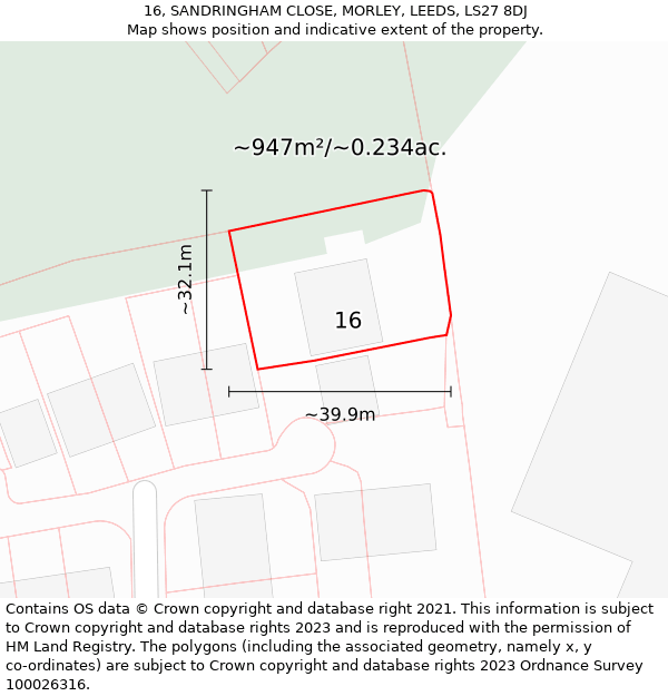 16, SANDRINGHAM CLOSE, MORLEY, LEEDS, LS27 8DJ: Plot and title map