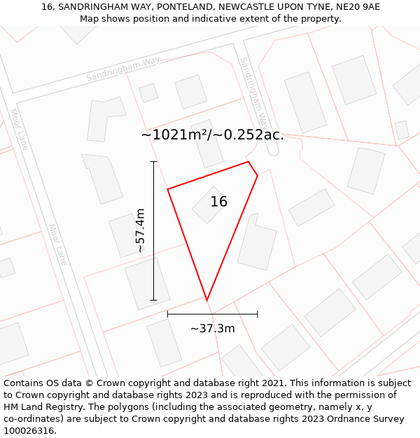 16, SANDRINGHAM WAY, PONTELAND, NEWCASTLE UPON TYNE, NE20 9AE: Plot and title map