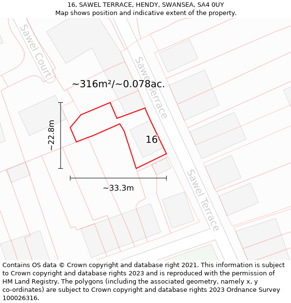 16, SAWEL TERRACE, HENDY, SWANSEA, SA4 0UY: Plot and title map