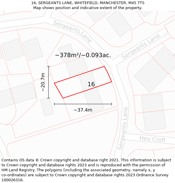 16, SERGEANTS LANE, WHITEFIELD, MANCHESTER, M45 7TS: Plot and title map