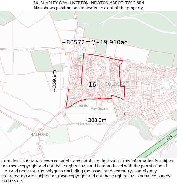 16, SHAPLEY WAY, LIVERTON, NEWTON ABBOT, TQ12 6PN: Plot and title map