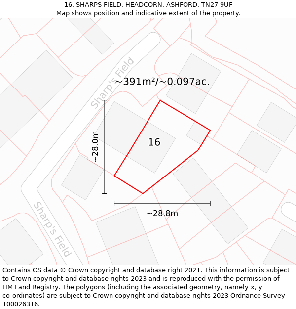 16, SHARPS FIELD, HEADCORN, ASHFORD, TN27 9UF: Plot and title map